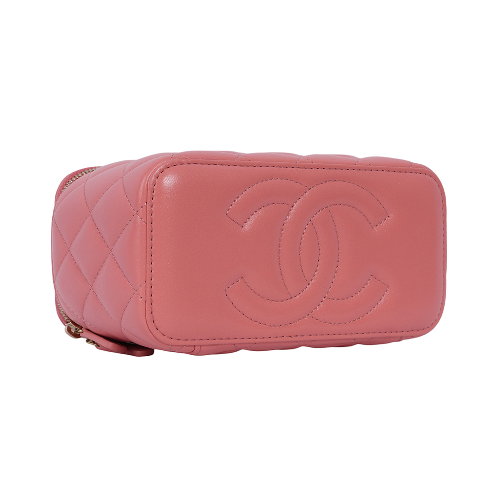 【CHANEL】金色CC Logo 小羊皮手提/斜背二用化妝包(粉色)CH19000083