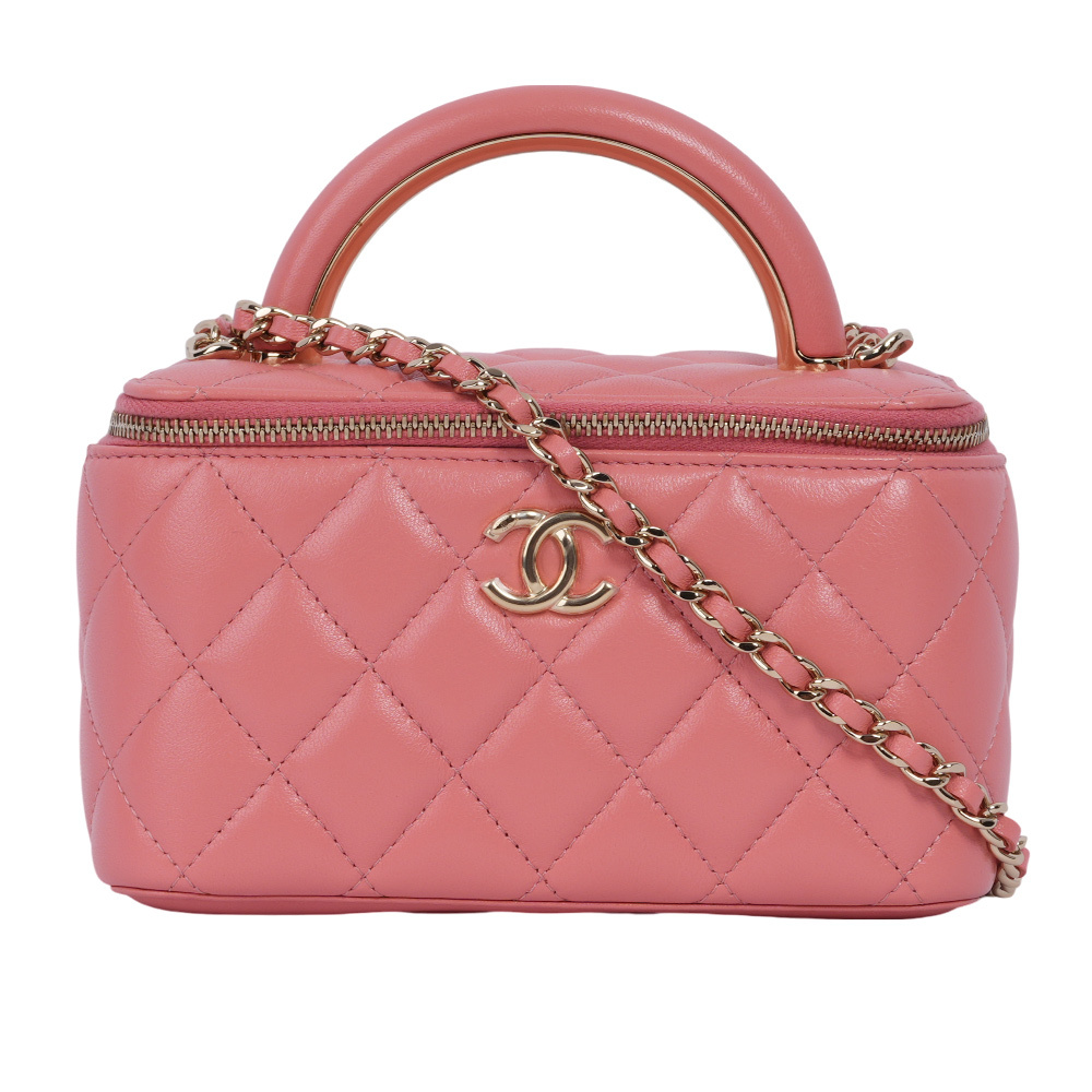 【CHANEL】金色CC Logo 小羊皮手提/斜背二用化妝包(粉色)CH19000083