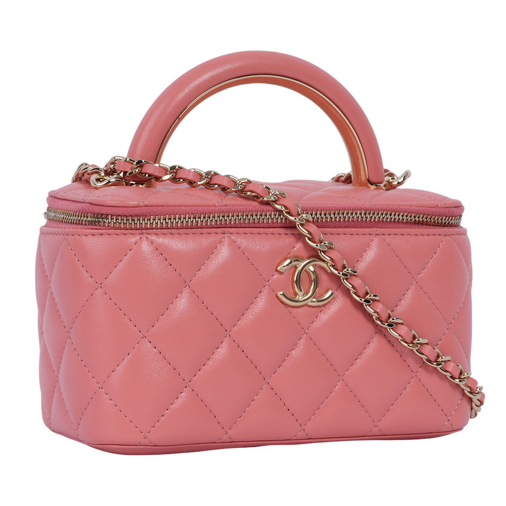 【CHANEL】金色CC Logo 小羊皮手提/斜背二用化妝包(粉色)CH19000083