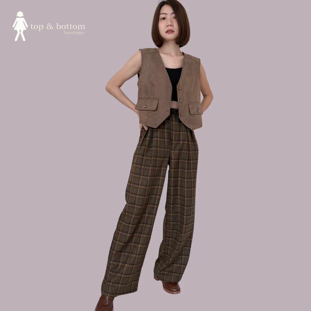 DRAWSTRING CHECKED WIDE LEG PANT