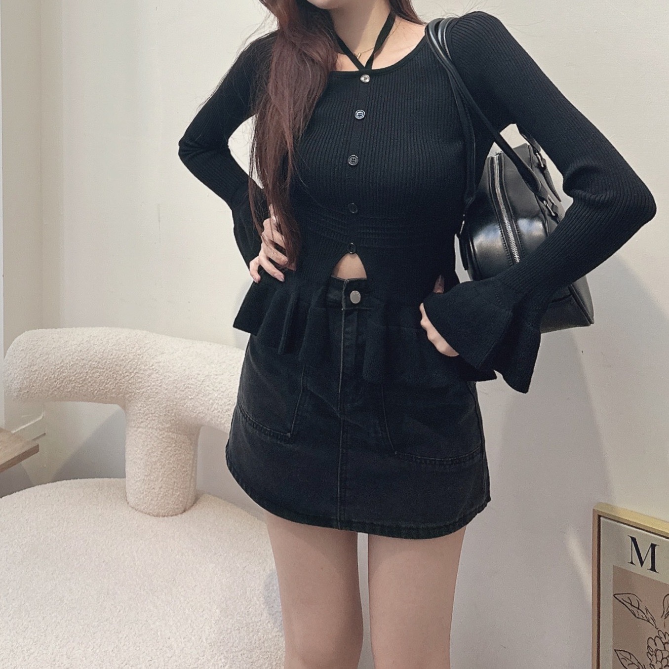 掛脖喇叭袖荷葉針織上衣/三色