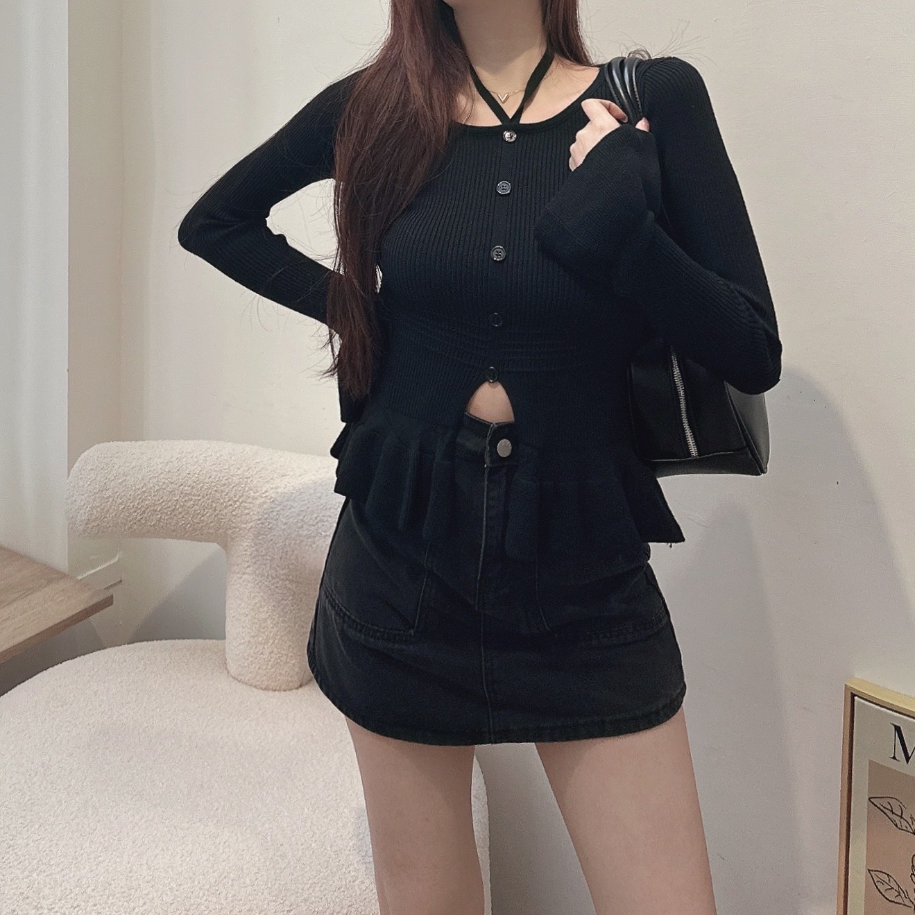 掛脖喇叭袖荷葉針織上衣/三色