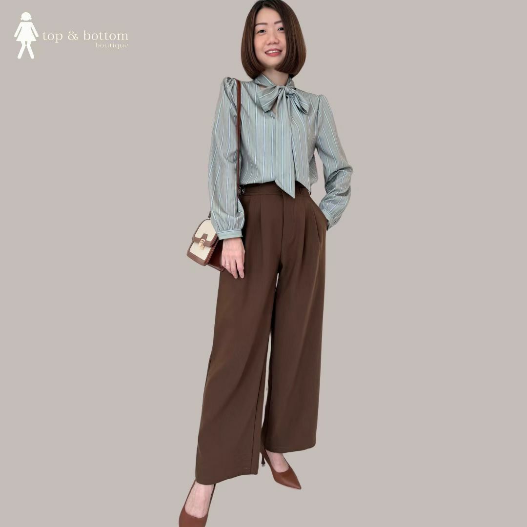 LONG SLEEVE RIBBON FRONT STRIPED BLOUSE