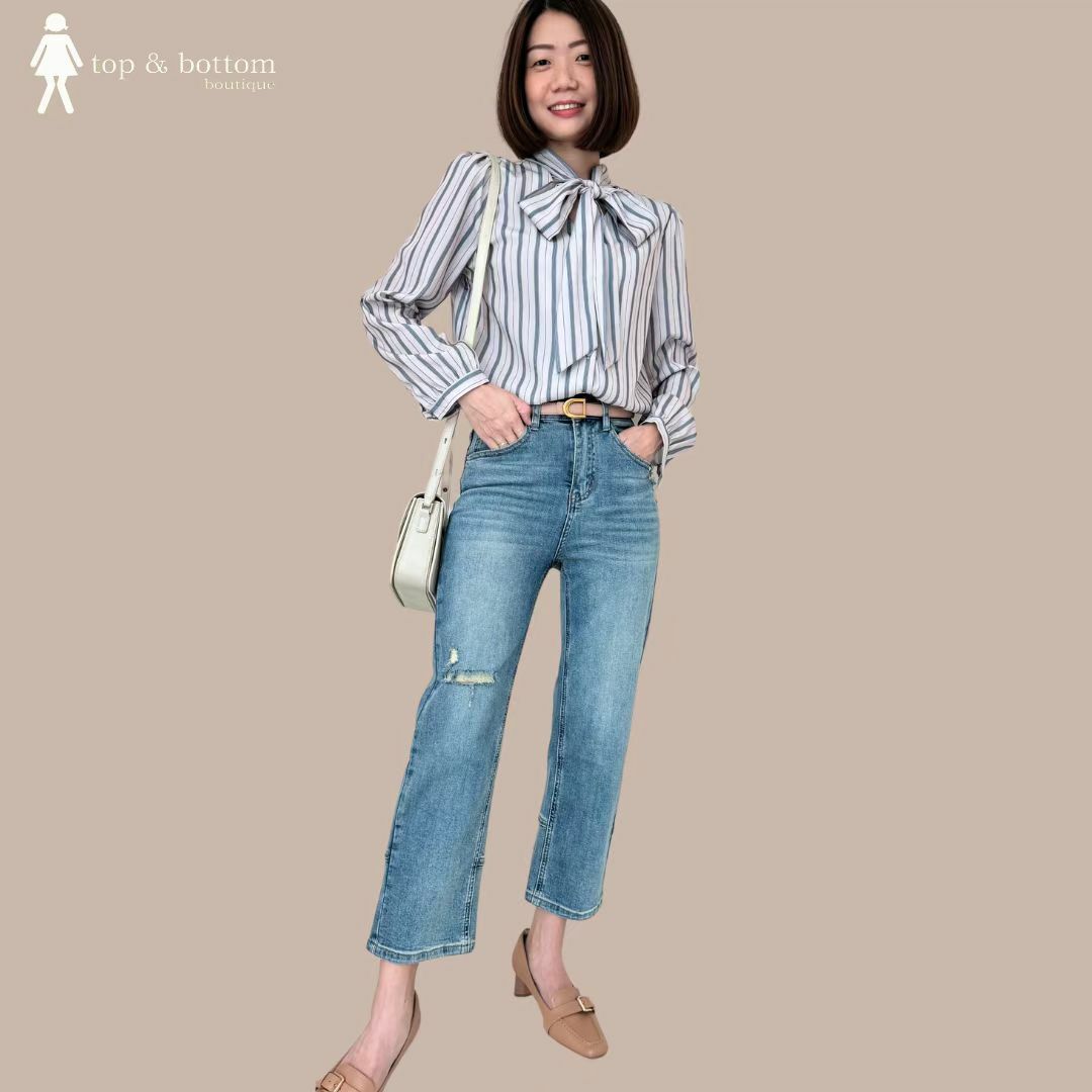 LONG SLEEVE RIBBON FRONT STRIPED BLOUSE