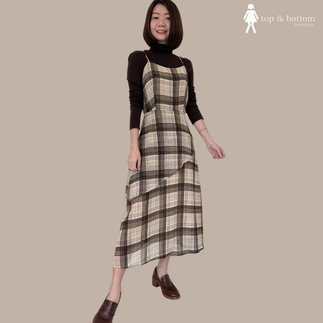 CHIFFON STRAP PLAID LAYERED DRESS
