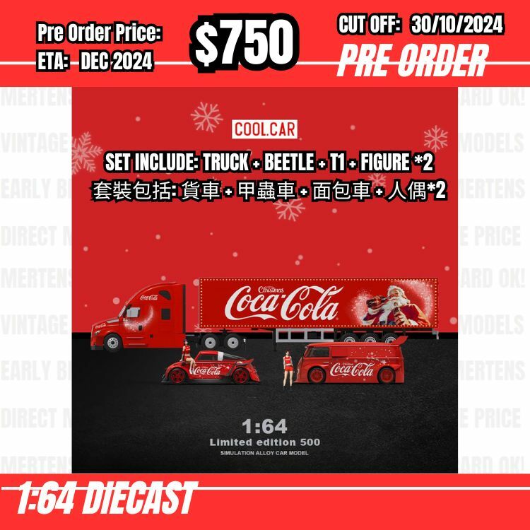 PO-$750 * Time Micro * 1:64 Volkswagen Christmas Coca Cola Set (Truck + Beelte + T1 Van + Figure *2) [OD26/10]