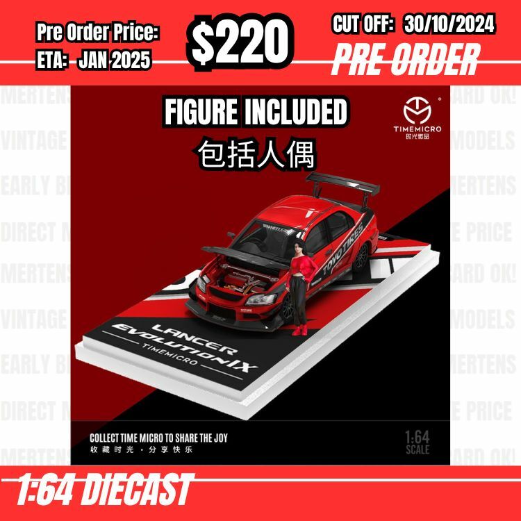 PO-$220 * Time Micro * 1:64 Mitsubishi Lancer Evolution IX Red Toyotires w/figure [OD26/10]