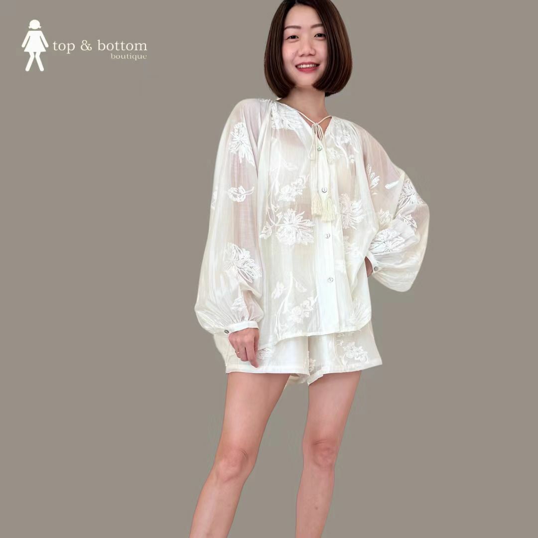 SHEER BROCADE DRAWSTRING BLOUSE & SHORTS SET SUIT (2PCS)