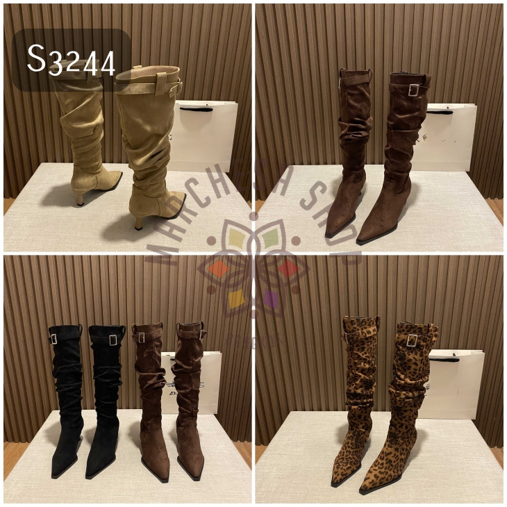 S3244 - 全真皮羊猄皮扣帶褶皺尖頭高踭長靴