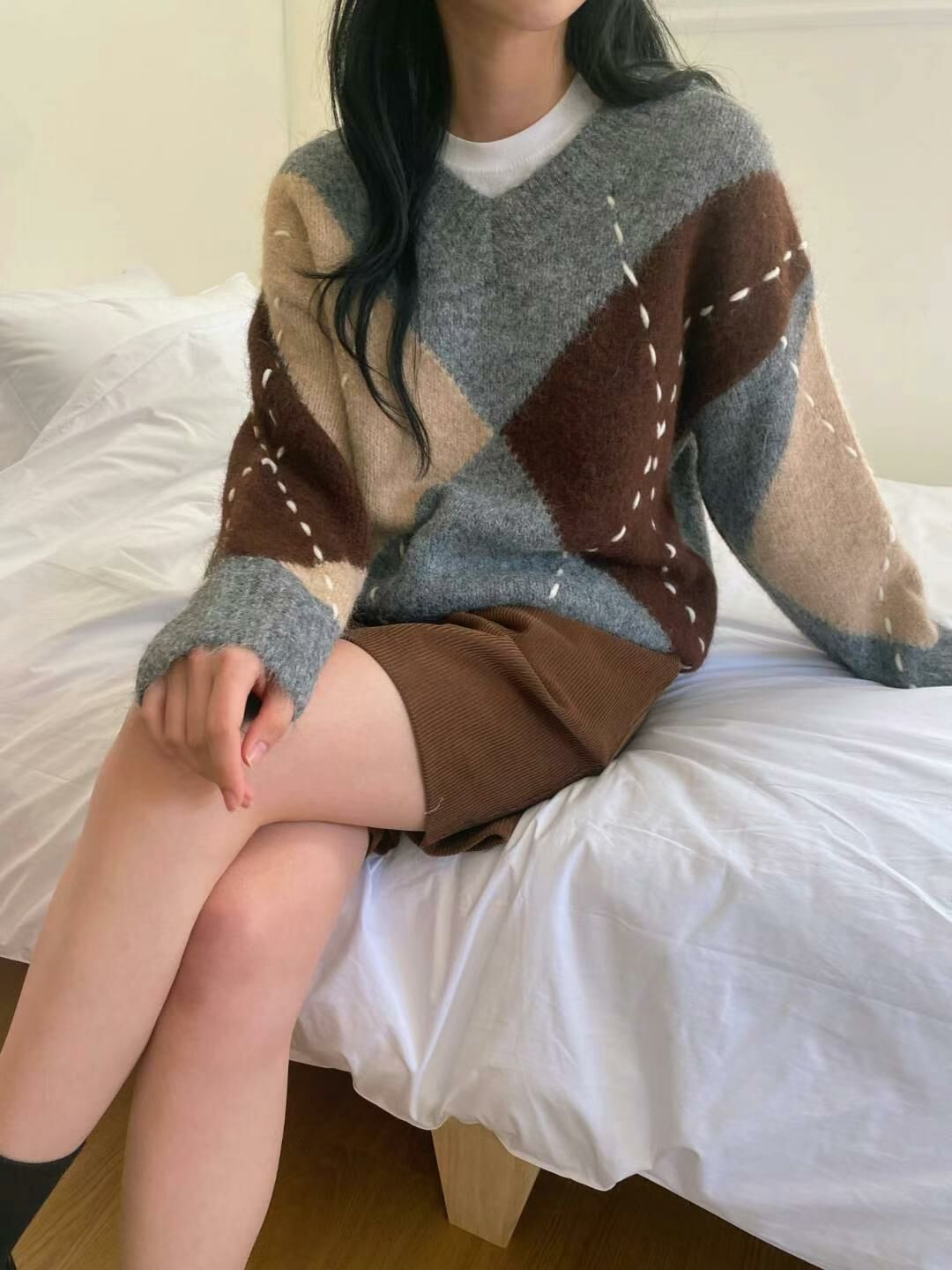 明線菱格針織上衣(灰色)