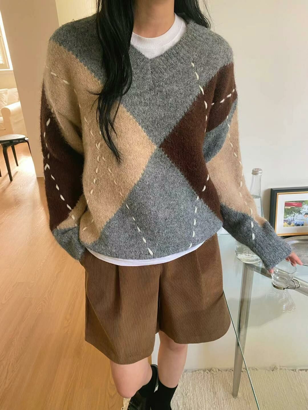 明線菱格針織上衣(灰色)