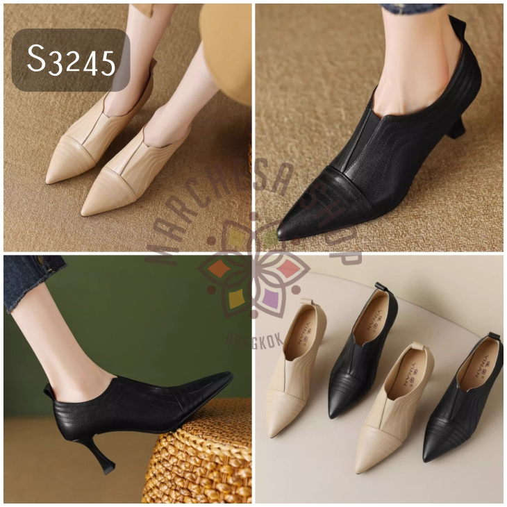 S3245 - 全真皮羊皮車綫尖頭高踭踝靴