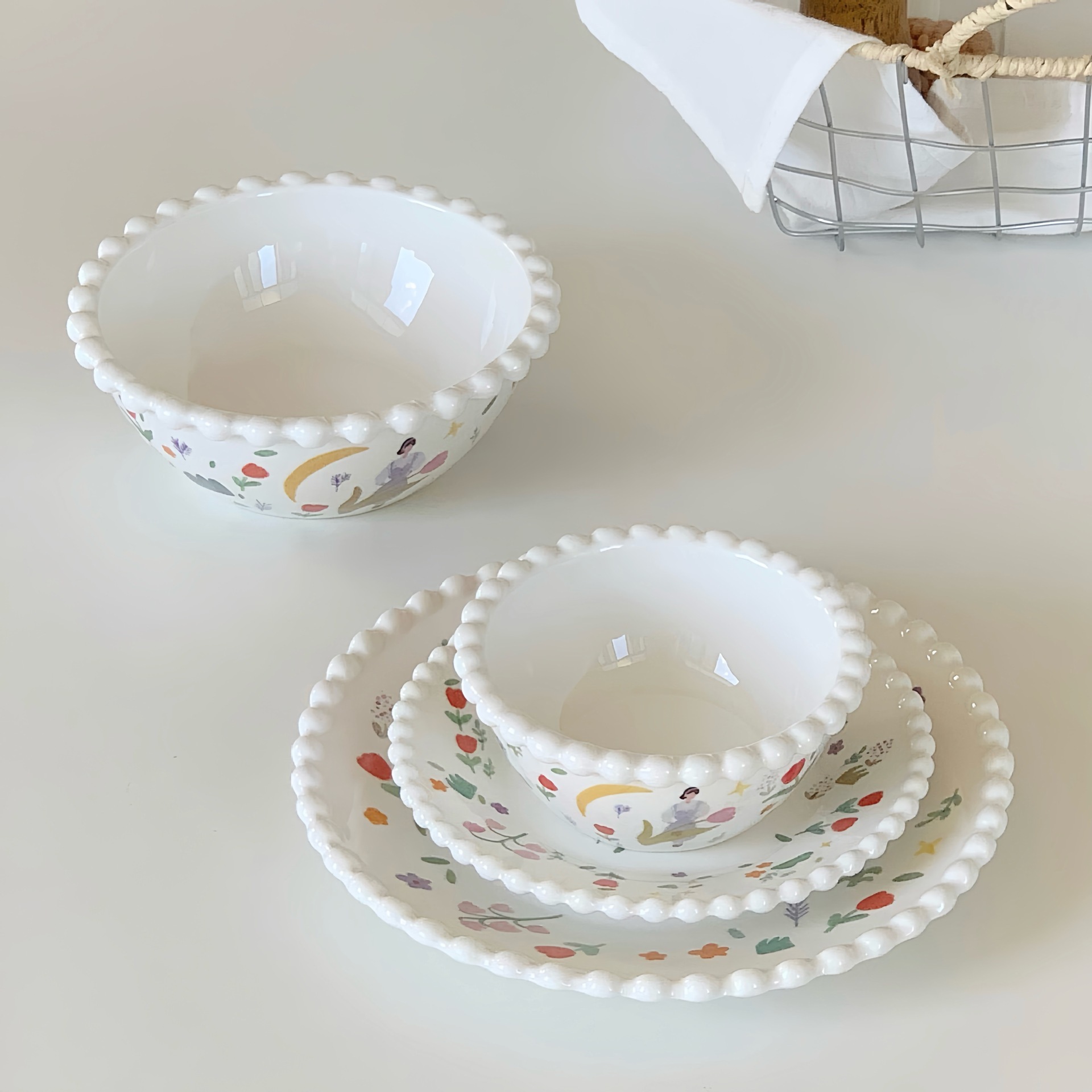 《5093》法式可愛少女珠邊餐具家用陶瓷碗