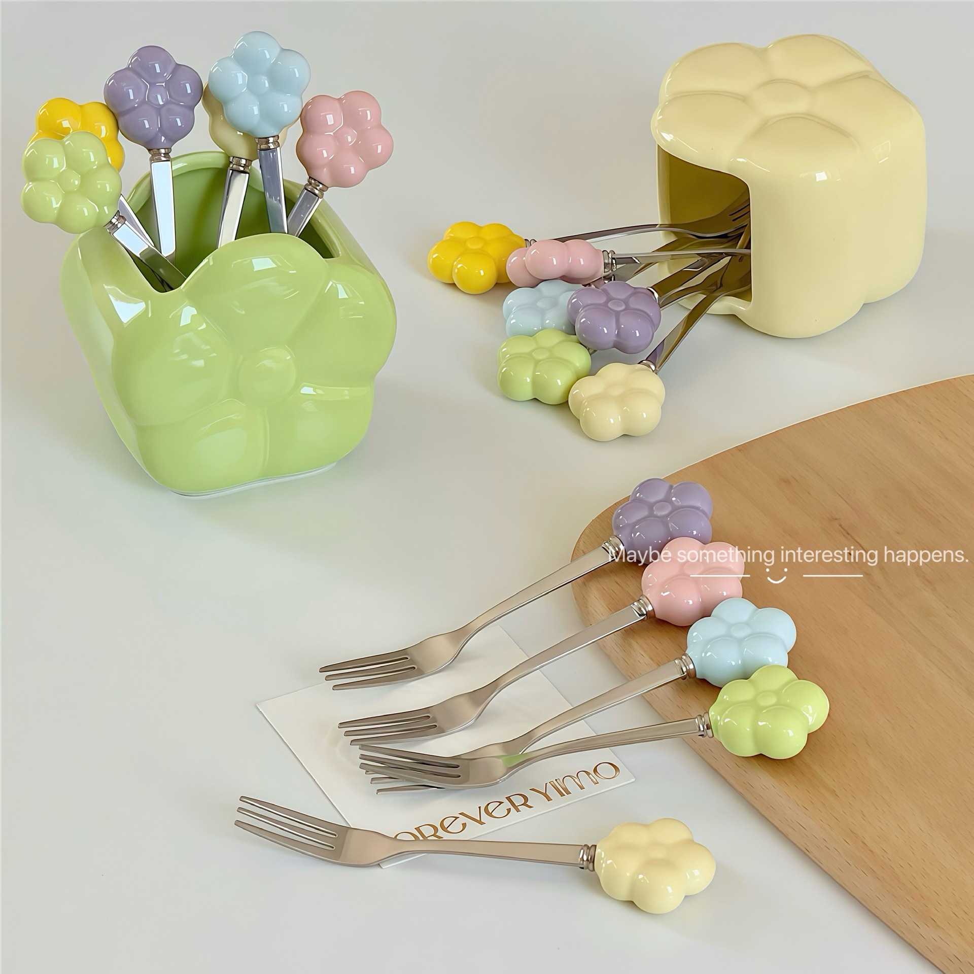 《5094》陶瓷手柄不鏽鋼水果叉/收納罐