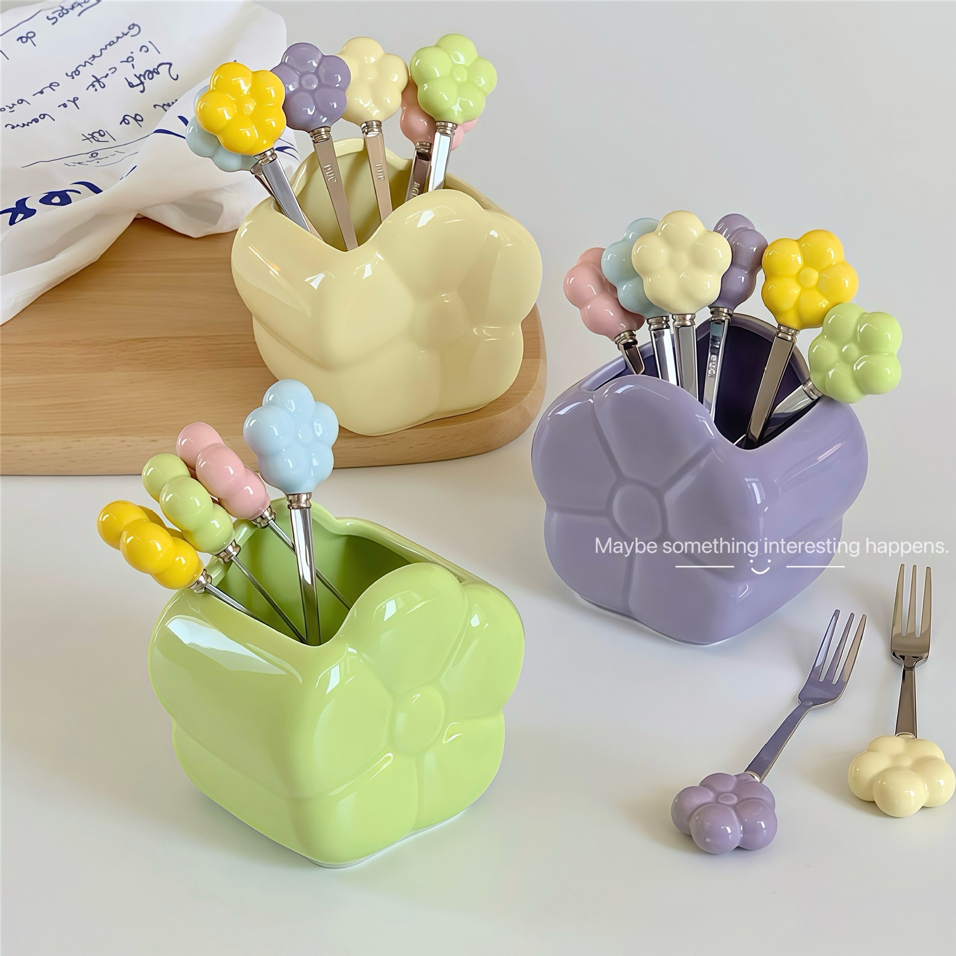 《5095》陶瓷手柄不鏽鋼水果叉套組