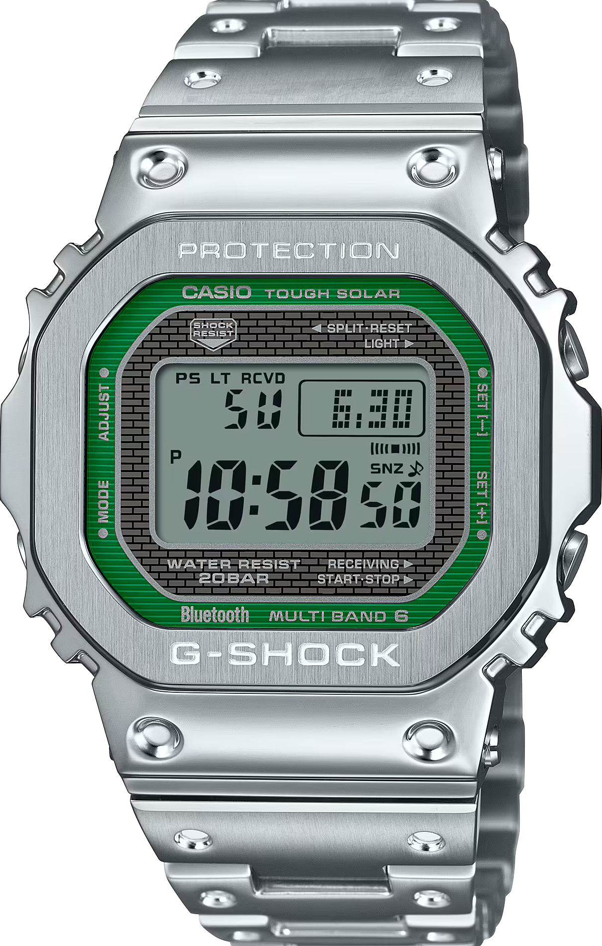 萬年鐘錶 - G-SHOCK   綠色面盤全金屬太陽能藍芽電波防震電子錶   GMW-B5000D-3   錶徑 : 43.2 MM