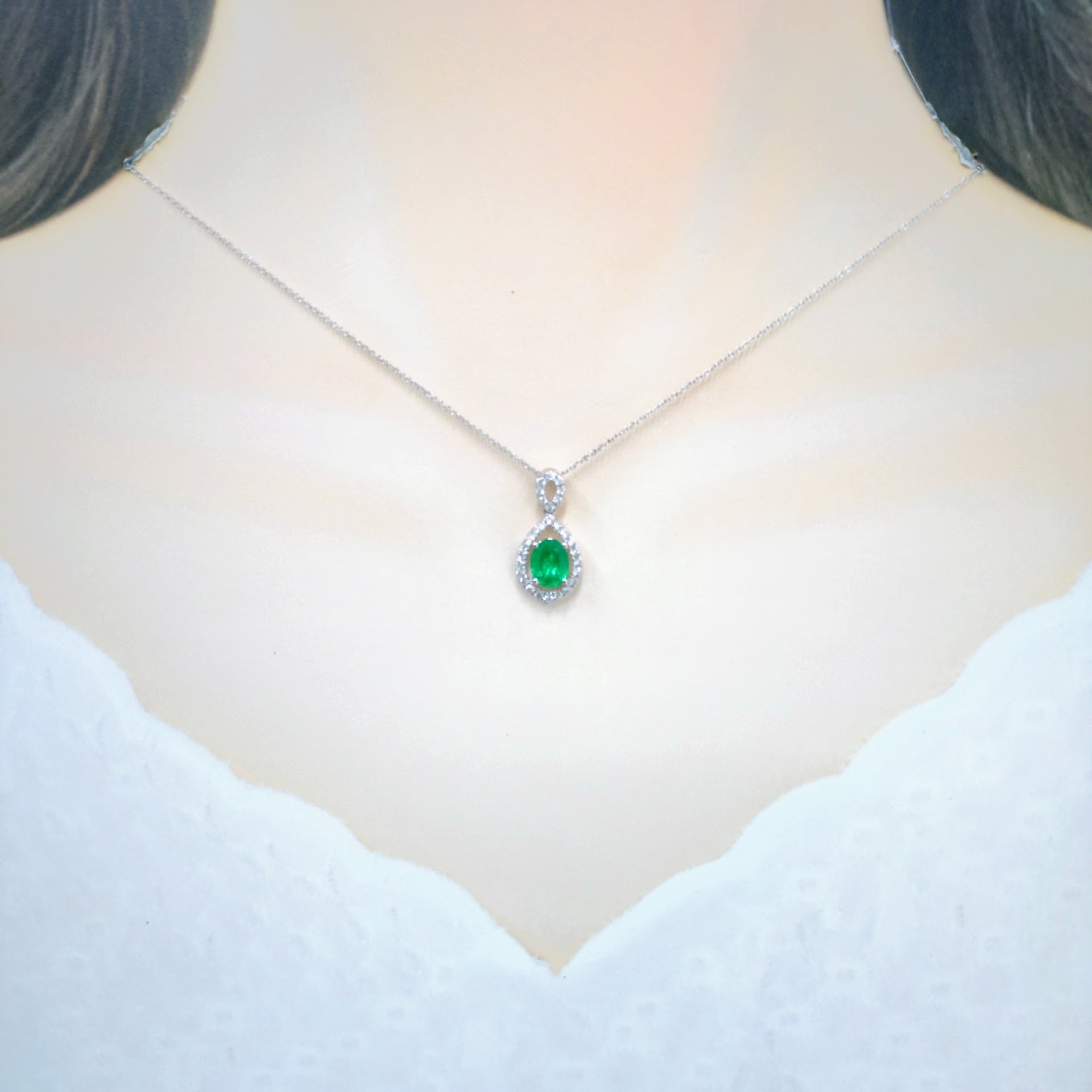 18K White Gold 0.92ct Emerald and Diamond Pendant