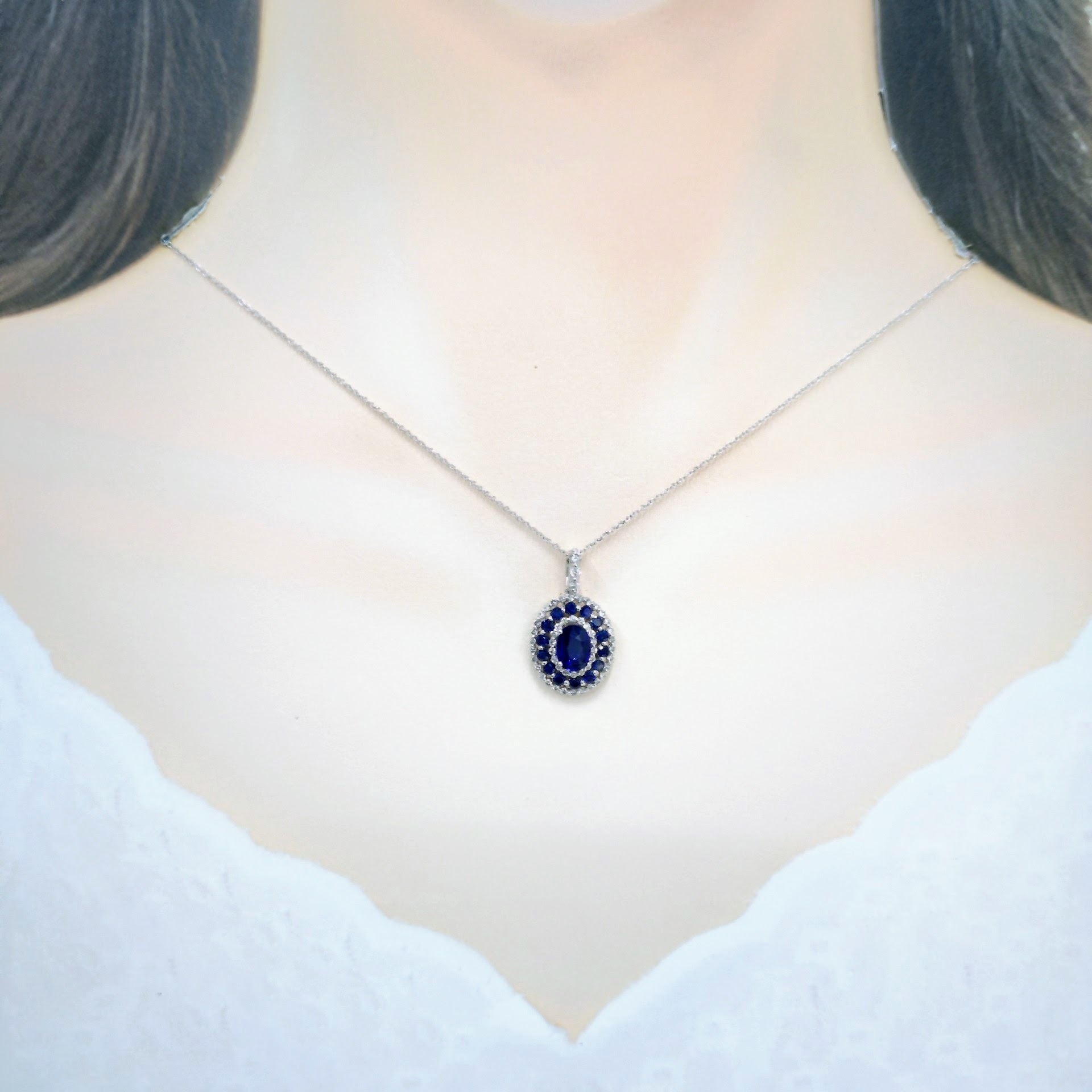 18K White Gold 1.90ct Sapphire and Diamond Pendant