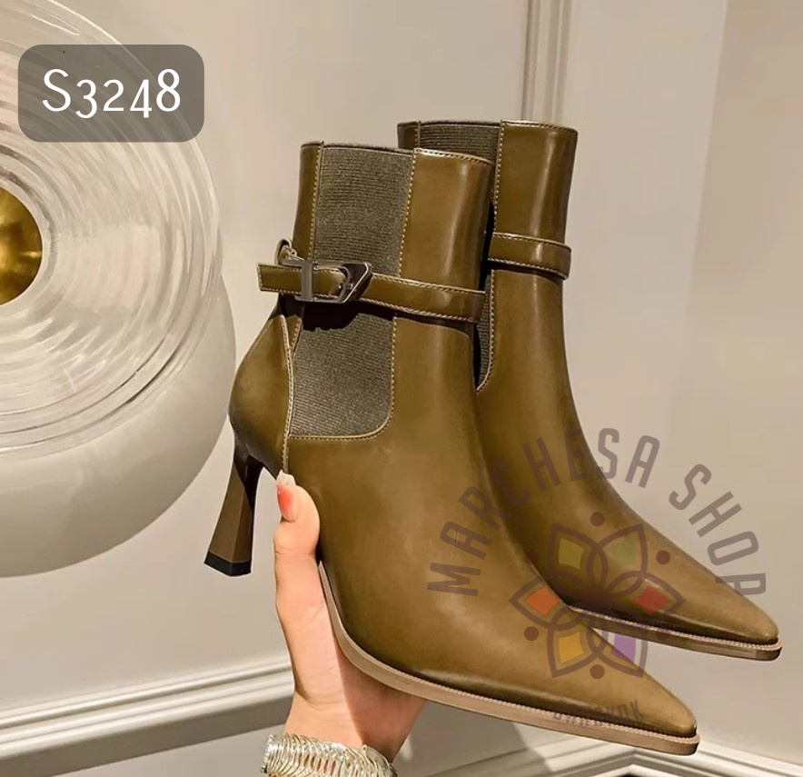 S3248 - 全真皮羊皮水磨彈力尖頭高踭短靴