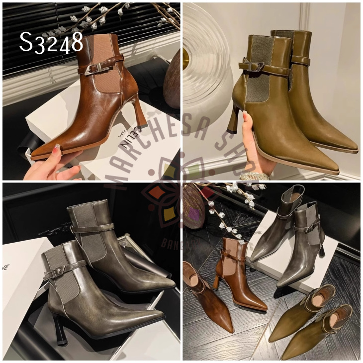 S3248 - 全真皮羊皮水磨彈力尖頭高踭短靴