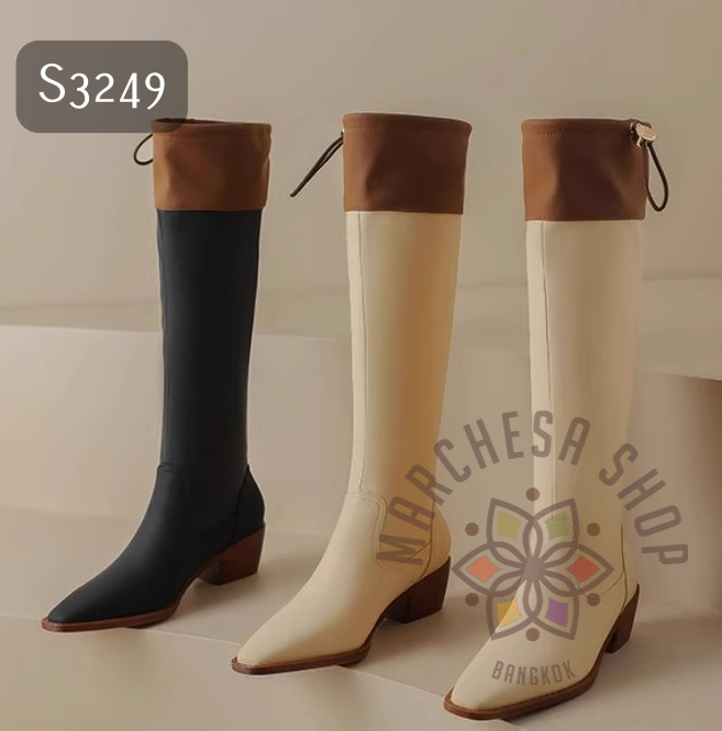 S3249 - 全真皮羊軟皮磨沙索帶尖頭低踭長靴