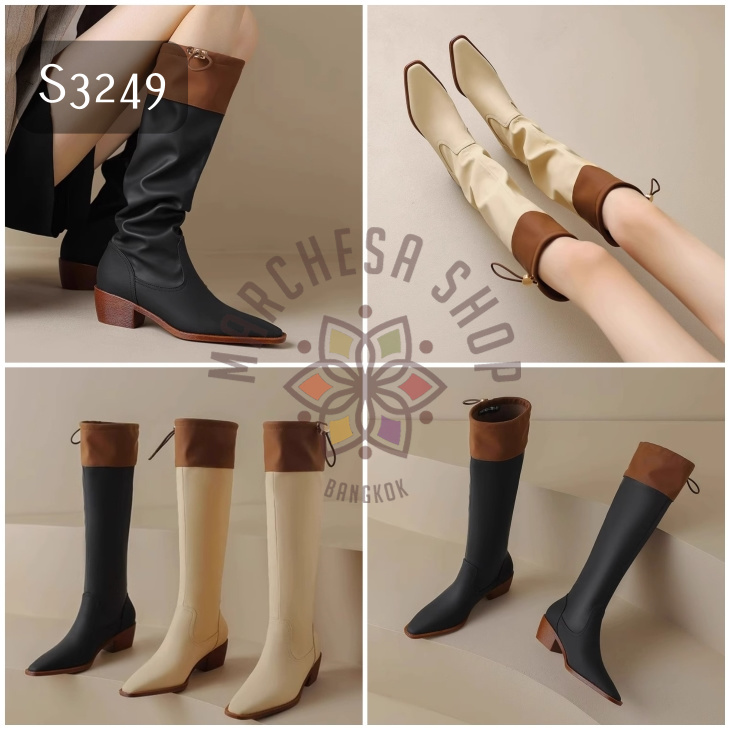 S3249 - 全真皮羊軟皮磨沙索帶尖頭低踭長靴