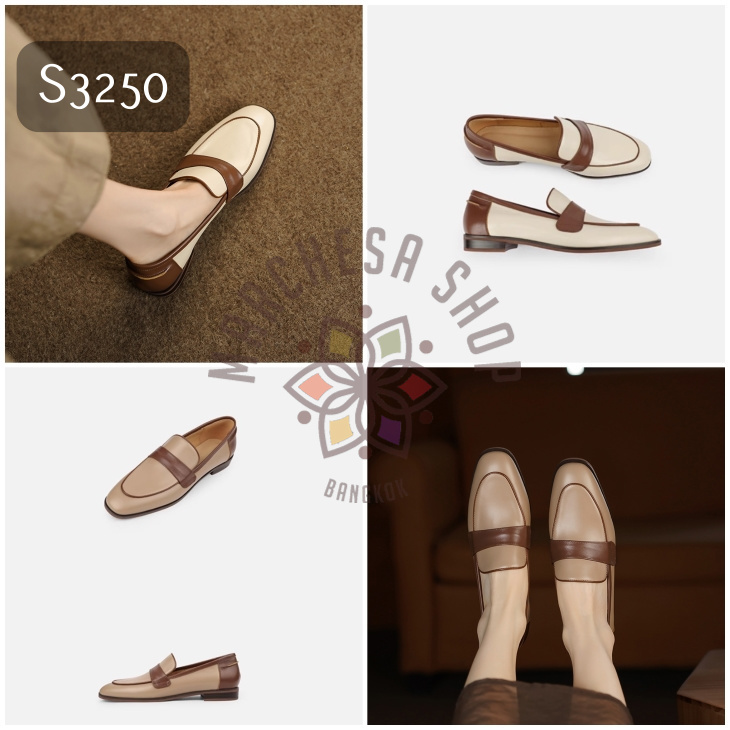 S3250 - 真皮羊皮英倫拼色方頭平底休閒鞋