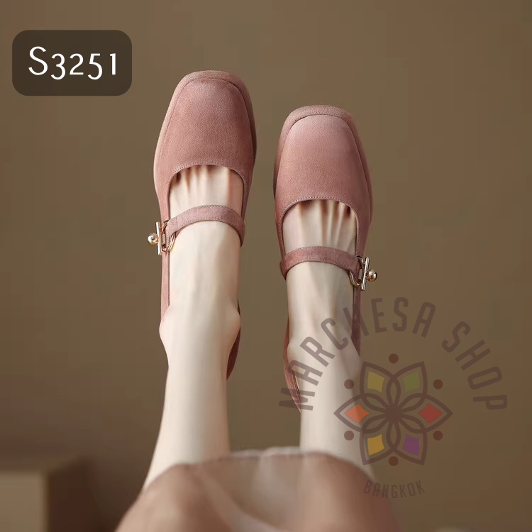 S3251 - 真皮羊猄皮方頭特色一字扣高踭鞋