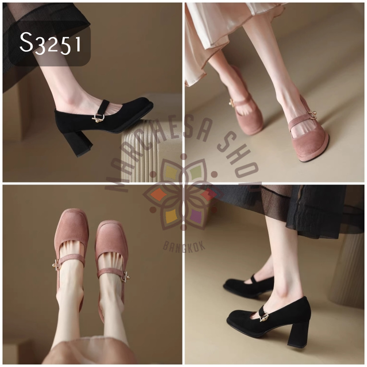 S3251 - 真皮羊猄皮方頭特色一字扣高踭鞋