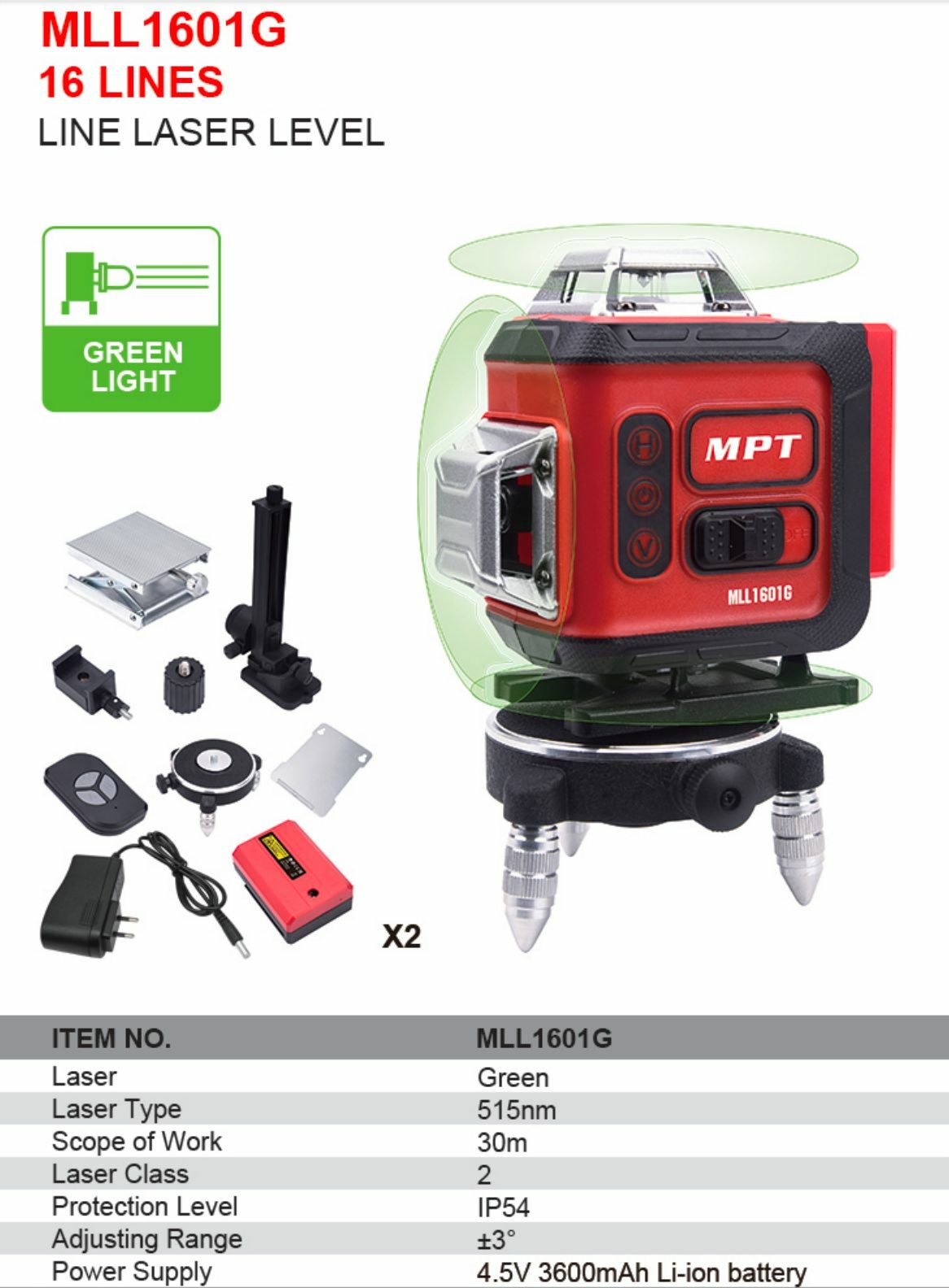 LA003  "MPT" 雷射平水儀  MLL1601G