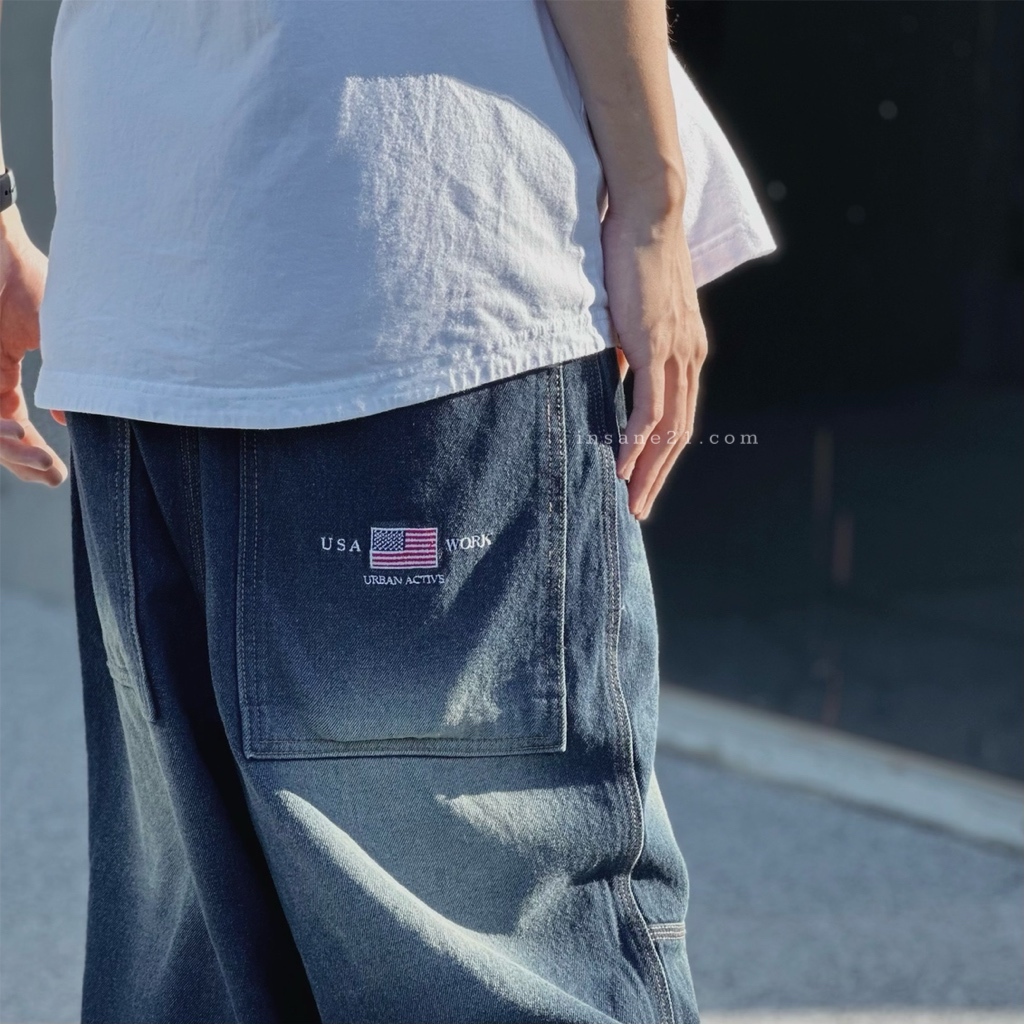 正韓 RAIZ 拼接落地牛仔褲 刷舊 車線 寬褲