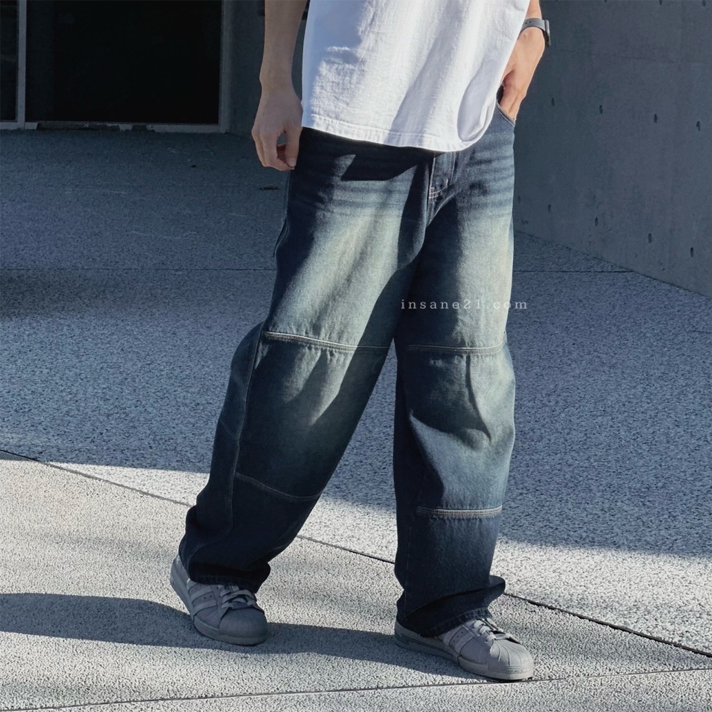 正韓 RAIZ 拼接落地牛仔褲 刷舊 車線 寬褲
