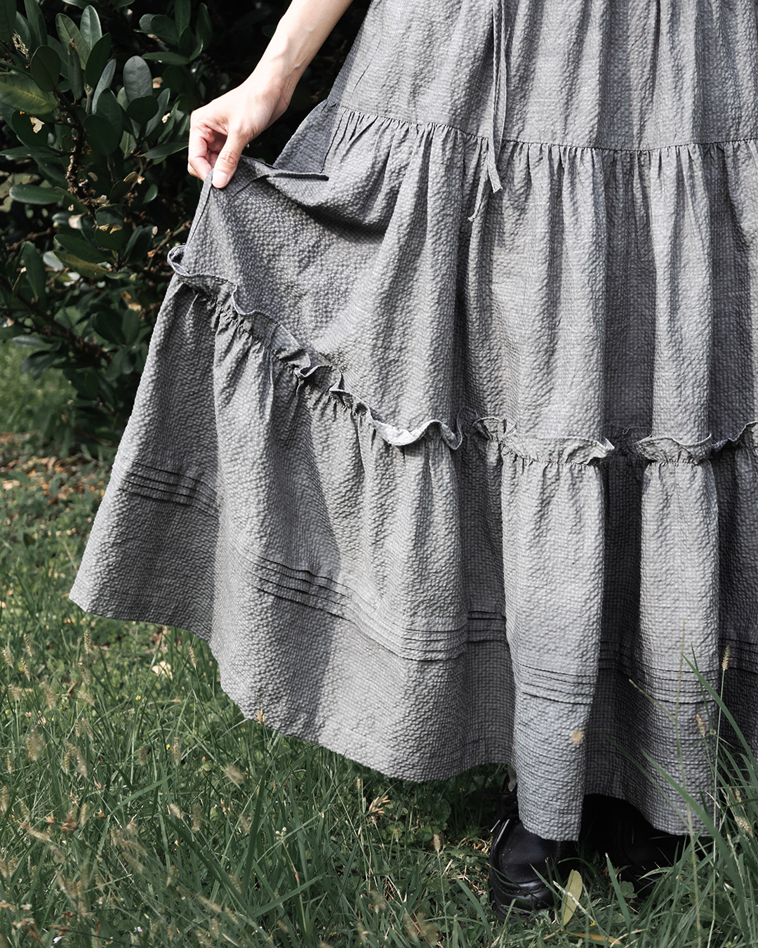 【 Kiki.co Made 】Ruffle Shirring Skirt - dark grey