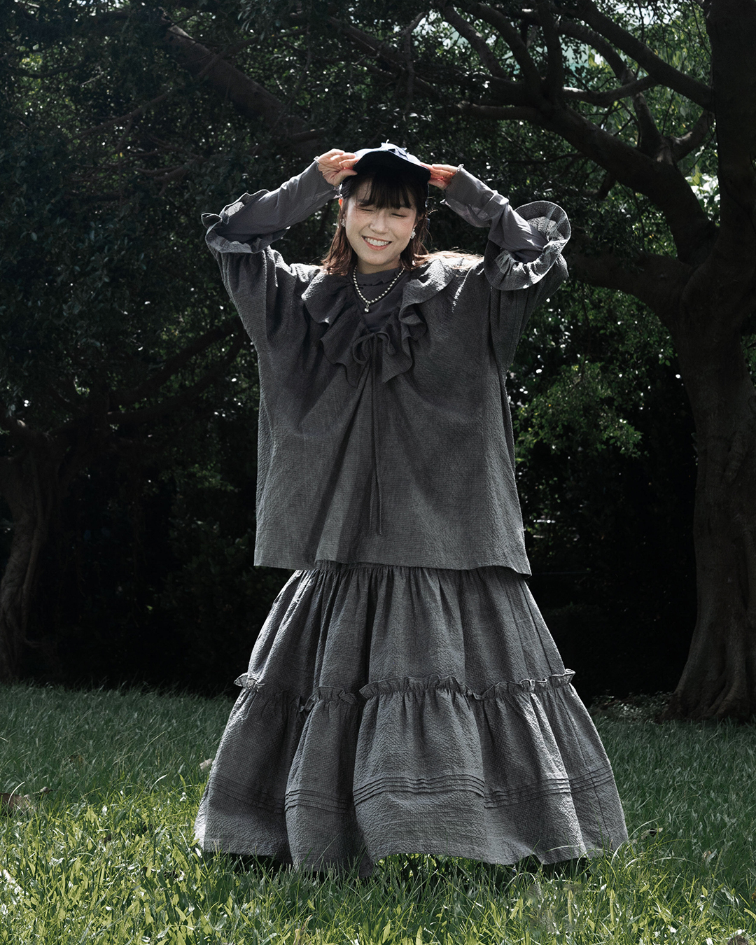 【 Kiki.co Made 】Ruffle Shirring Skirt - dark grey