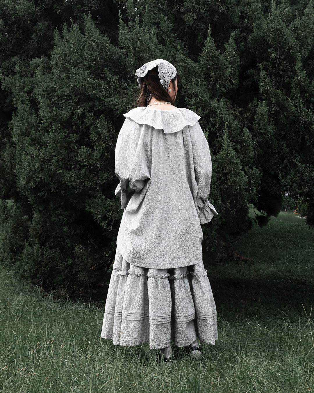 【 Kiki.co Made 】Frill Collar Shirt Set - light grey