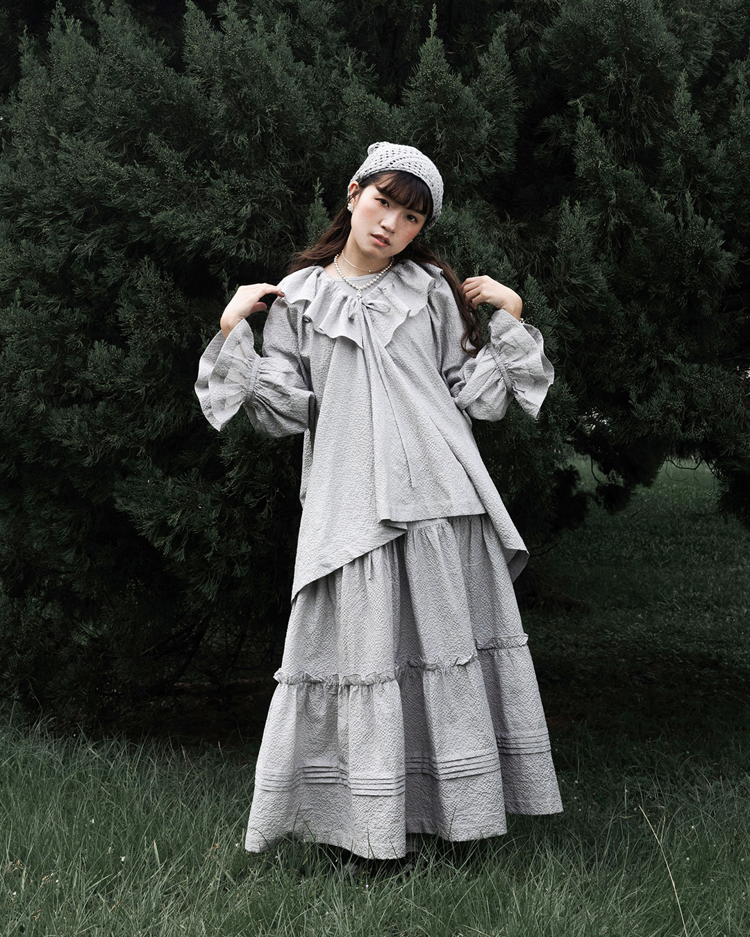 【 Kiki.co Made 】Frill Collar Shirt Set - light grey