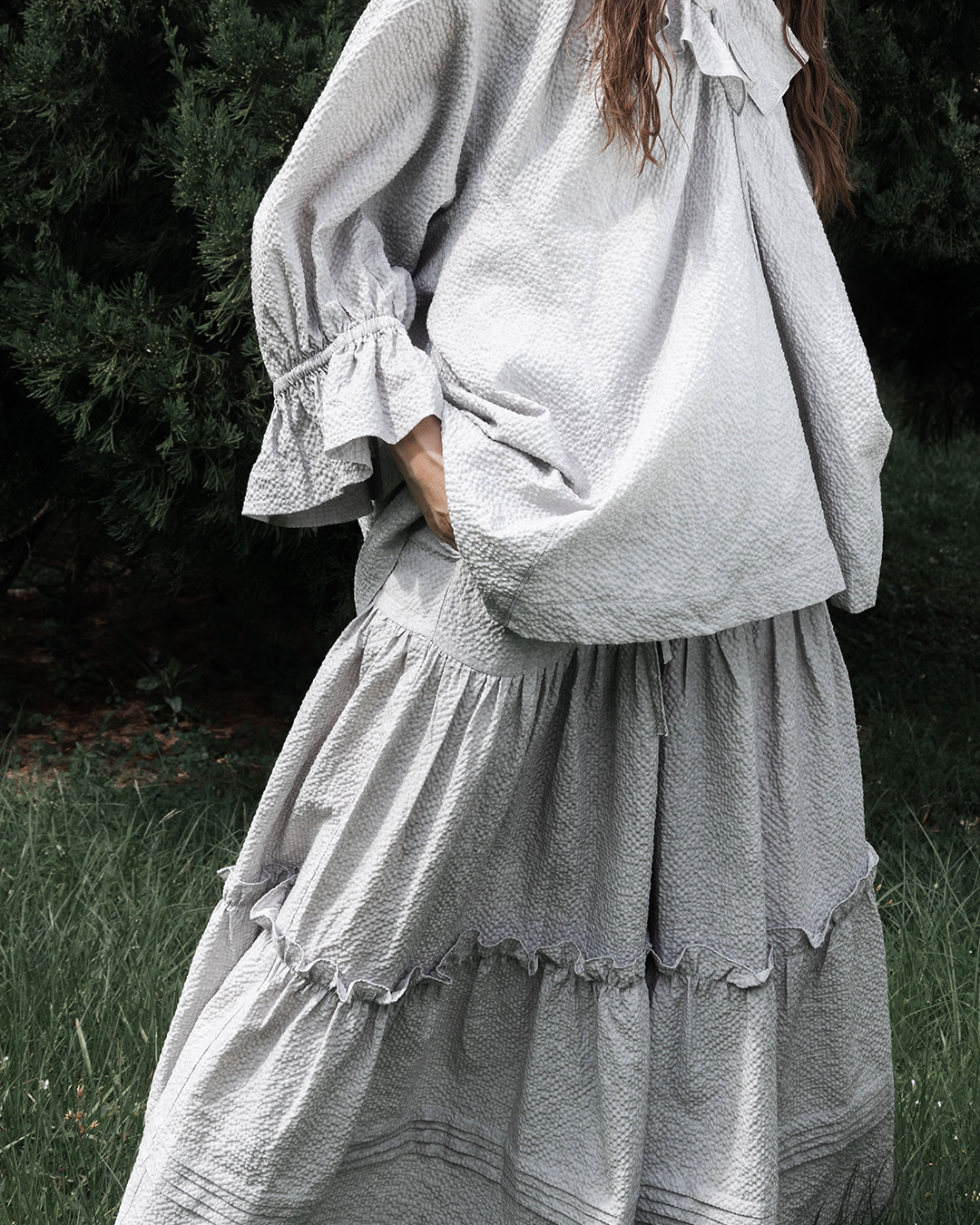 【 Kiki.co Made 】Ruffle Shirring Skirt - light grey