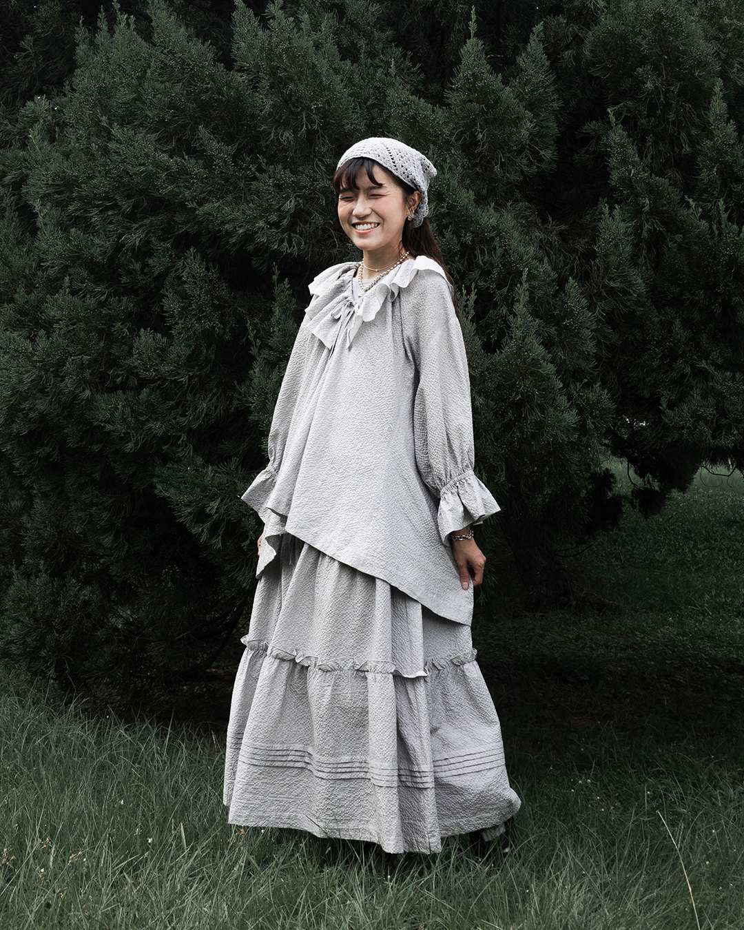 【 Kiki.co Made 】Ruffle Shirring Skirt - light grey
