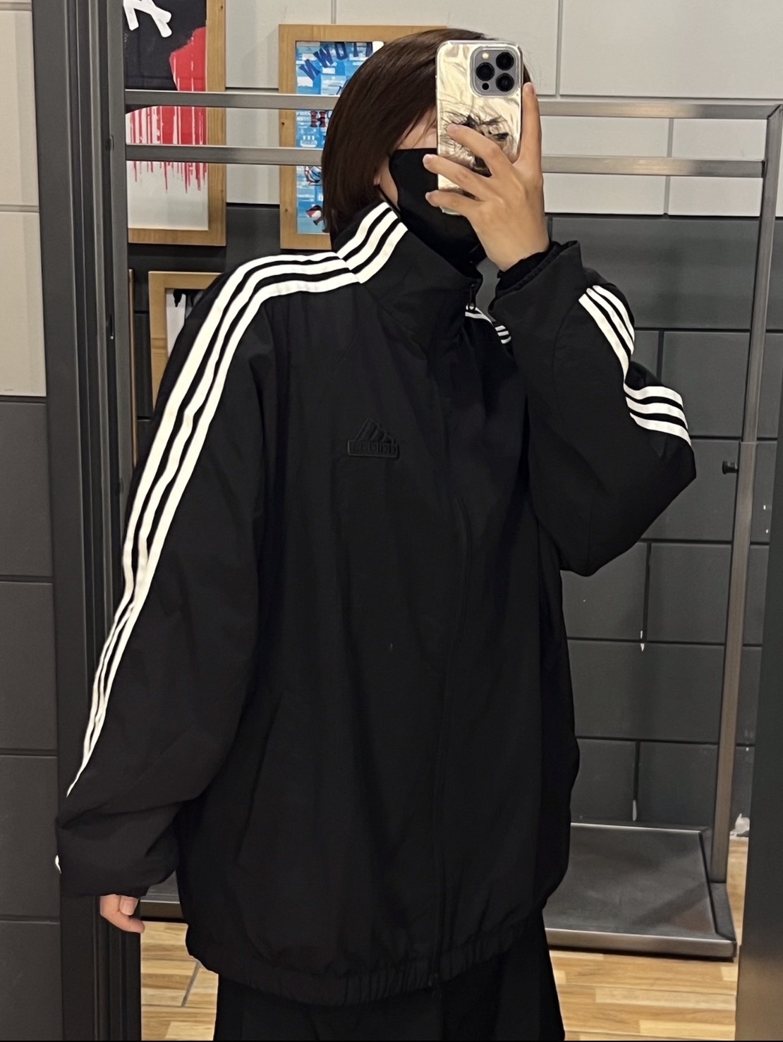 Adidas Oversize 三線 復古風衣外套 黑色 JI6646