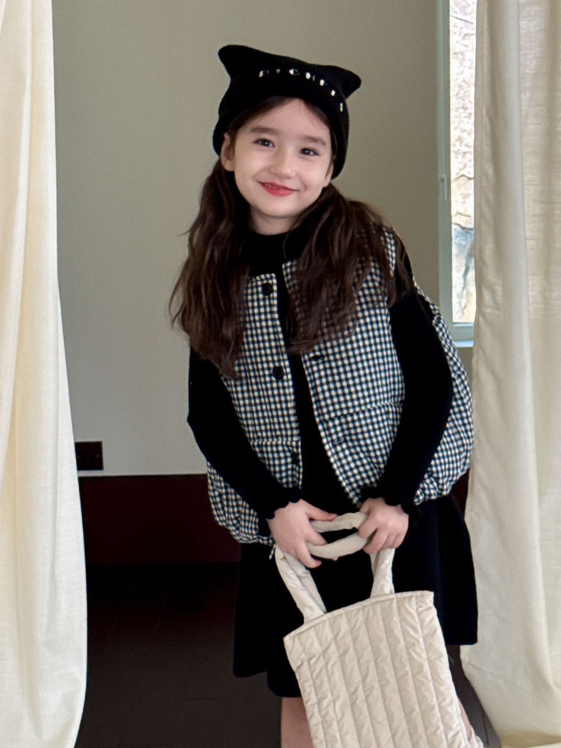 黑白格子棉背心