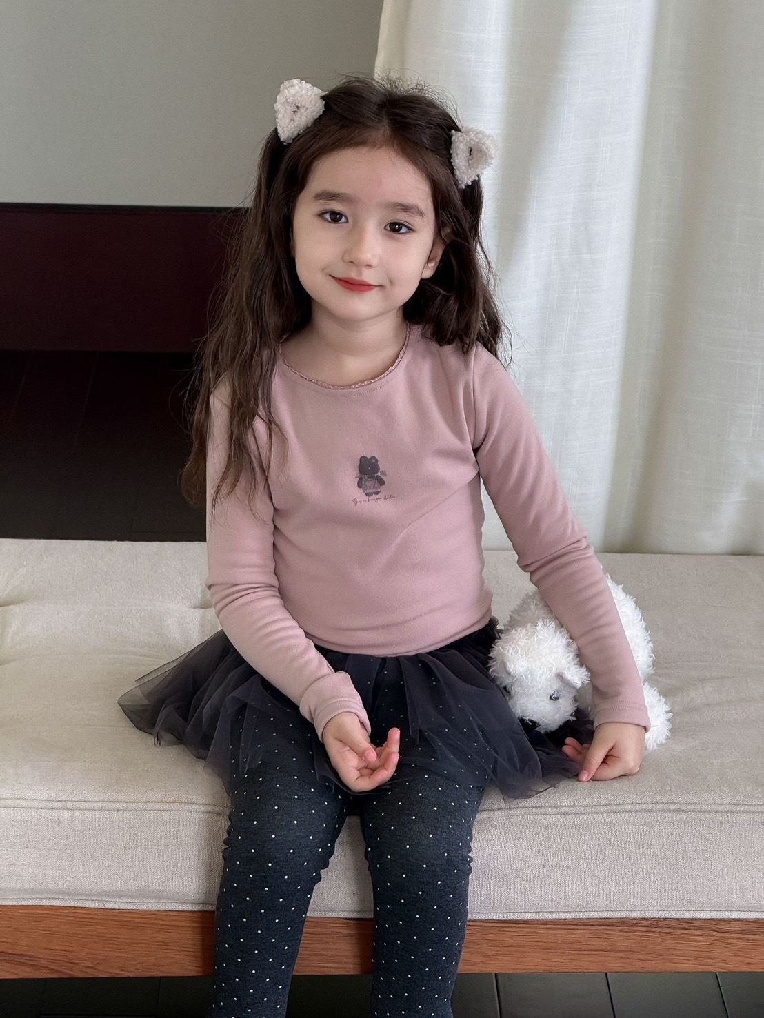 花邊一體絨上衣(粉/米白)