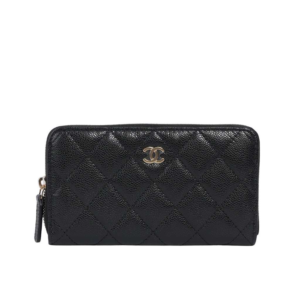 【CHANEL 】經典金色CC Logo 牛皮ㄇ形拉鍊中夾(黑色)AP0226 B10583 C3906