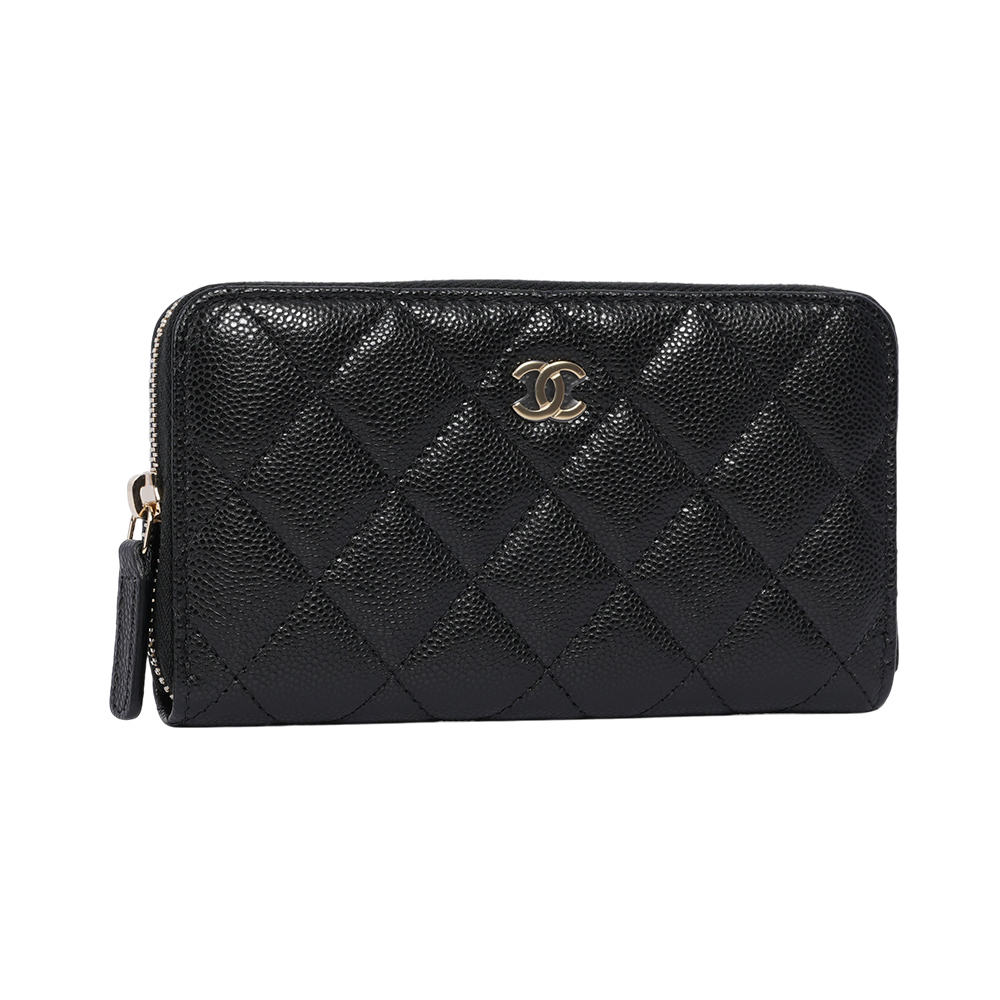 【CHANEL 】經典金色CC Logo 牛皮ㄇ形拉鍊中夾(黑色)AP0226 B10583 C3906