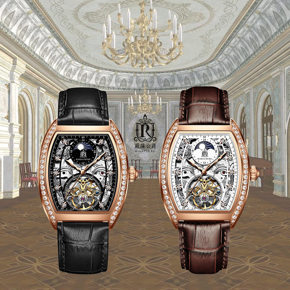 【RAKSA DUKE 羅薩公爵】RSD-002 酒桶型 日月星辰錶盤 小牛皮錶帶 防水30米 腕錶