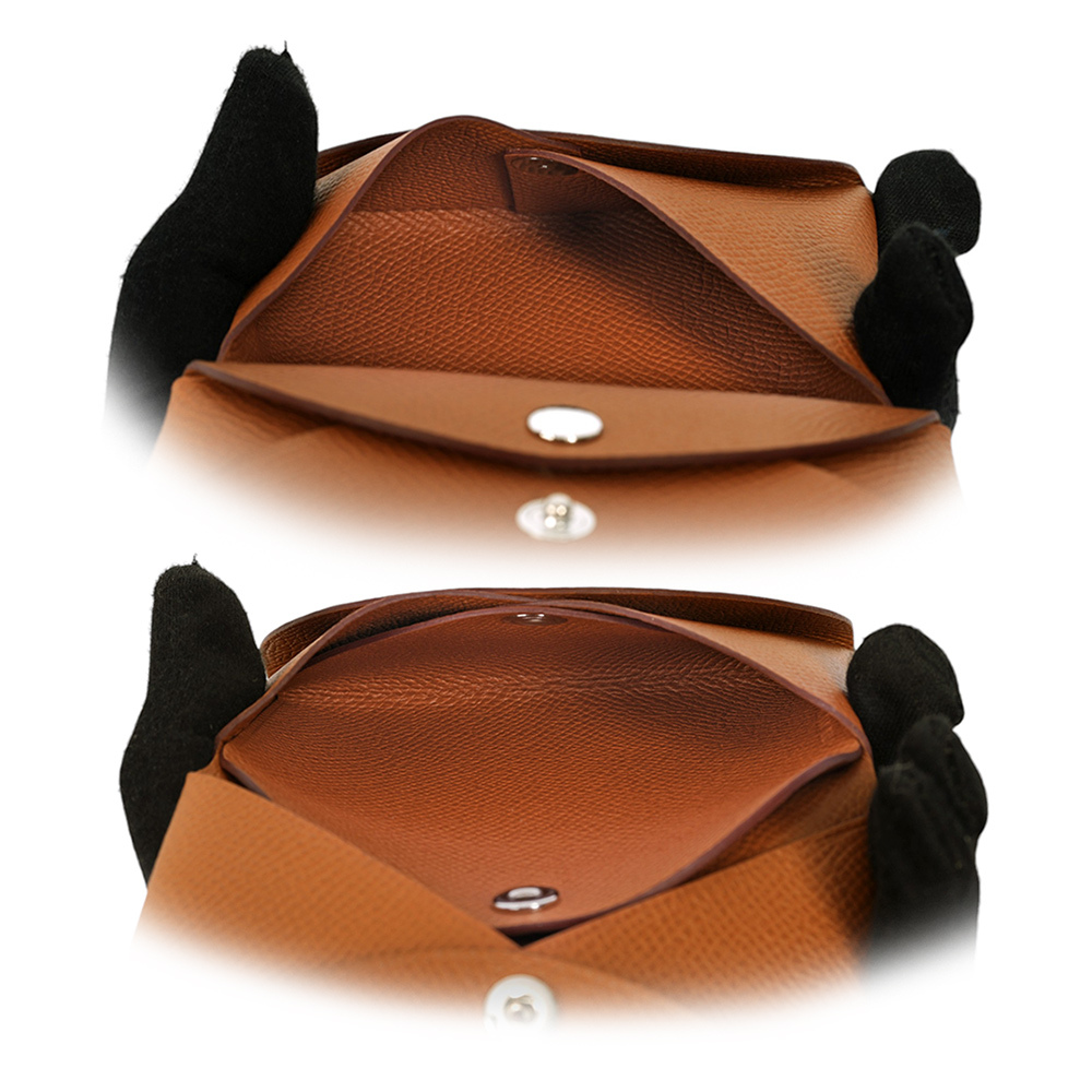 【HERMES】Calvi Duo Epsom皮釦式卡片夾/零錢包(金棕色)H083035CK37