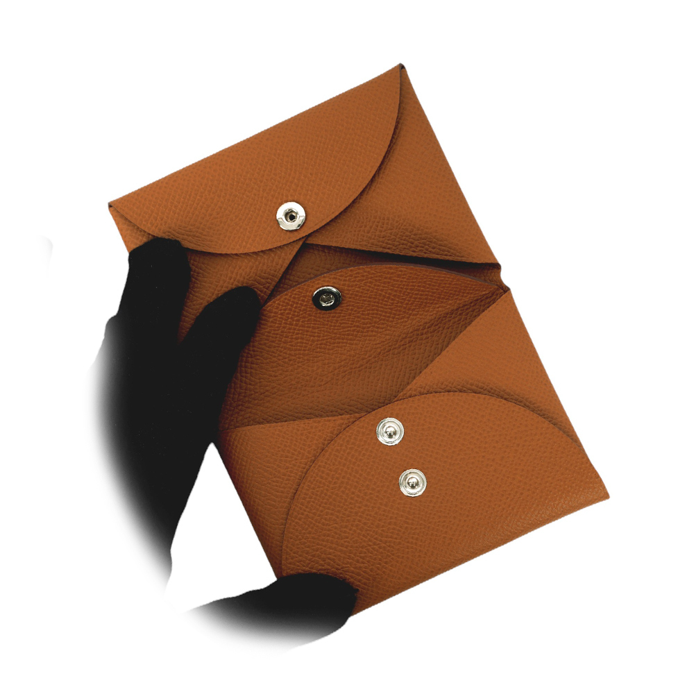 【HERMES】Calvi Duo Epsom皮釦式卡片夾/零錢包(金棕色)H083035CK37