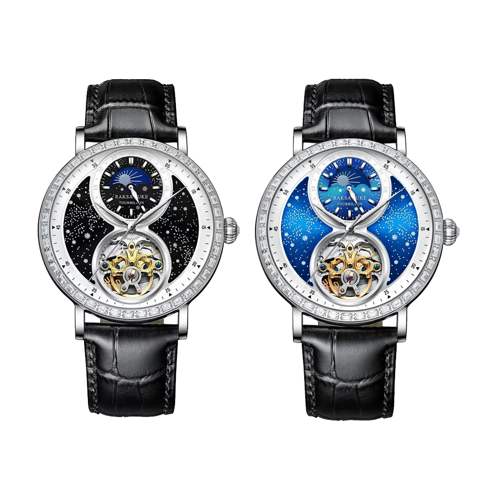 【RAKSA DUKE 羅薩公爵】RSD-008 日月星辰 鑲鑽錶圈 防水30米 小牛皮機械錶