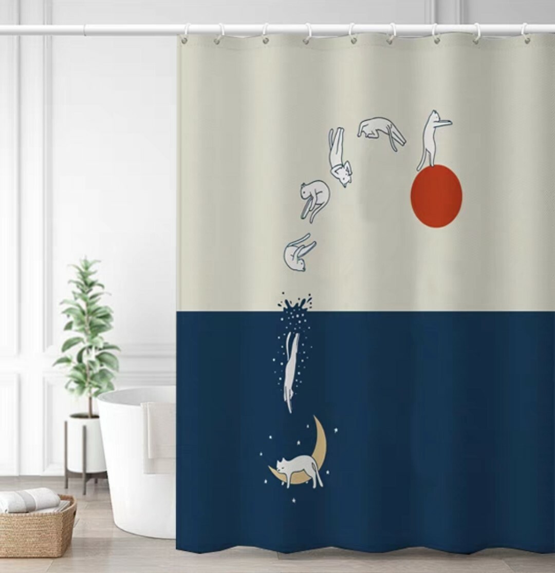 日式風格貓咪加厚防水浴簾