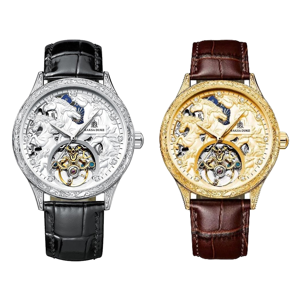 【RAKSA DUKE 羅薩公爵】RSD-019 八駿圖立體浮雕 鑲鑽錶圈 日月星辰 夜光 防水30米 機械錶
