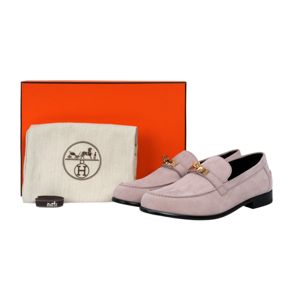 【HERMES】Destin 凱莉金釦絨面山羊皮樂福鞋 39 (粉色)H222080Z 27